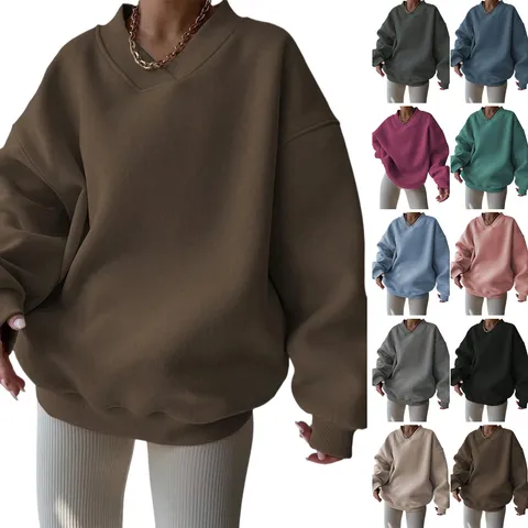 Damen Casual Übergroßes Sweatshirt Einfarbig Baumwollmischung Langarm Top Rundhals Rippstrickbündchen Pullover Sportlicher Jumper