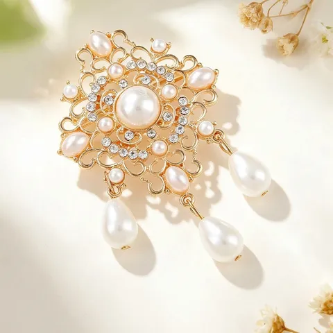 Vintage Barok Kunstparel Strass Brooch Speld Goud Zinklegering Paleis Stijl Jas Corsage Sieraden Voor Vrouwen
