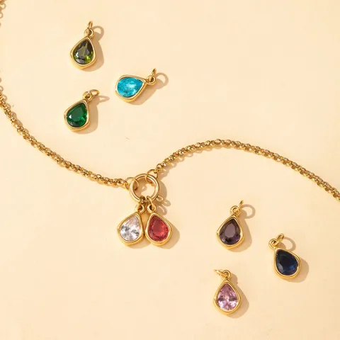 Square Birthstone Pendant Necklace 18K Gold Plated Stainless Steel Colorful Cubic Zirconia DIY Jewelry Accessory Women