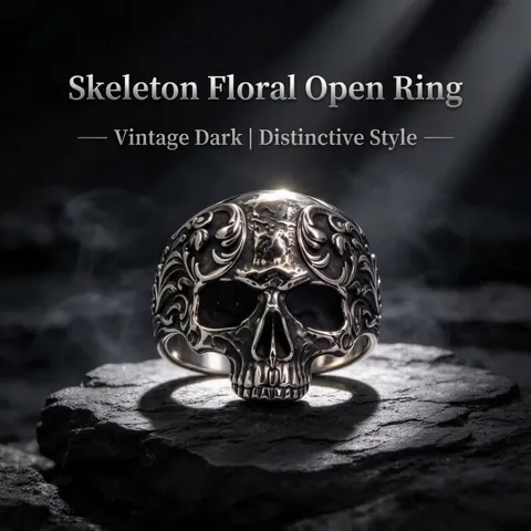 Retro Gothic Skull Ring For Men Women Punk Dark Style Carved Pattern Jewelry For Halloween Day Of The Dead Party Gift