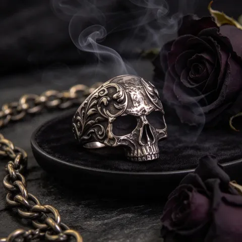 Retro Gothic Skull Ring For Men Women Punk Dark Style Carved Pattern Jewelry For Halloween Day Of The Dead Party Gift
