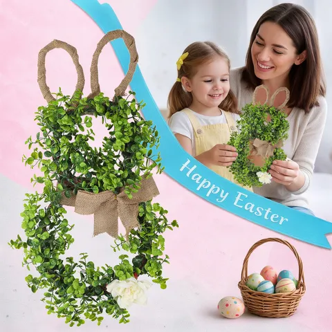 Easter Bunny Wreath Artificial Greenery Vine Ears Linen Bowknot Daisy Wall Door Hanging Spring Decoration