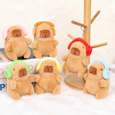 Cute Capybara Plush Toy Keychain Soft Stuffed Animal Doll With Headphone Bag Pendant Cartoon Animal Key Ring Fashion Accessories