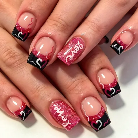 Faux Ongles Brillants Rouge Noir Saint Valentin Motif Cœur Vague Style Doux Cool Pour Décoration Art Ongulaire Femme