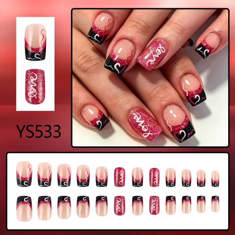 Faux Ongles Brillants Rouge Noir Saint Valentin Motif Cœur Vague Style Doux Cool Pour Décoration Art Ongulaire Femme