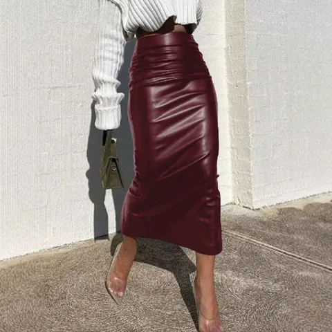 Damen Eleganter PU Leder Midirock Gerafft Hohe Taille Bodycon Bleistiftrock mit Rückenschlitz Chic Pendeln Einfarbiger Rock