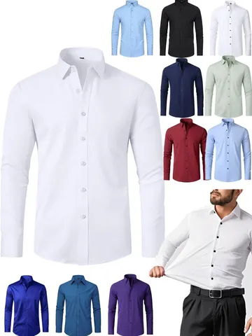 Camicia da Uomo Casual Slim Fit a Manica Lunga Elasticizzata in Quattro Direzioni Tinta Unita Camicia Formale da Business Senza Stiro Comodo Top