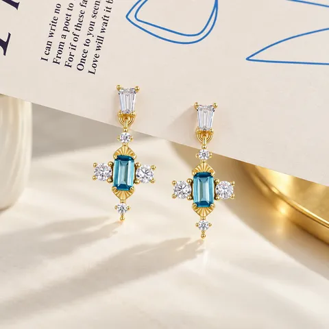 Vintage London Blue Topaz S925 Sterling Silver Ring Necklace Earrings Women Gold Plated Emerald Cut Luxurious Jewelry