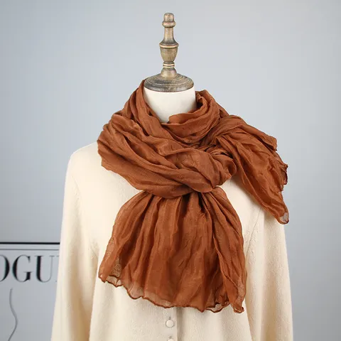 Women Lightweight Pleated Scarf Solid Color Voile Long Wrap Versatile Casual Sun Protection Fashion Neck Scarf