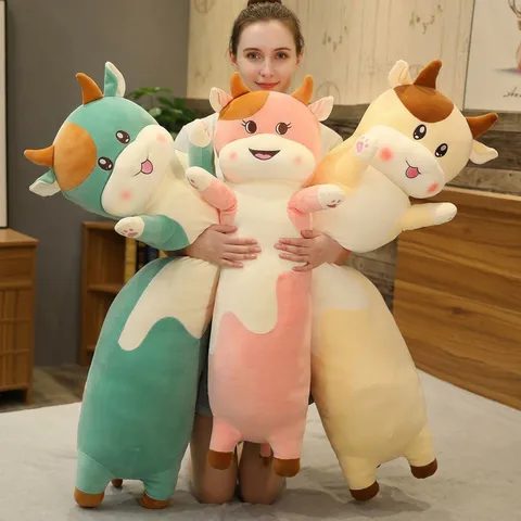 Cute Cartoon Cow Plush Toy Long Strip Pillow Soft Stuffed Animal Doll Bed Sleeping Leg Pillow Companion Gift For Kids Girls