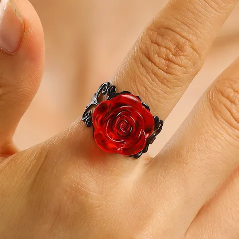 Gothic Copper Coffin Red Zircon Adjustable Ring For Women Rose Flower Heart Design Retro Dark Jewelry Finger Ring