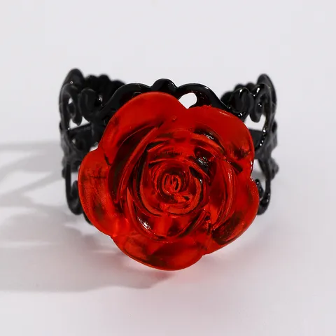 Gothic Copper Coffin Red Zircon Adjustable Ring For Women Rose Flower Heart Design Retro Dark Jewelry Finger Ring