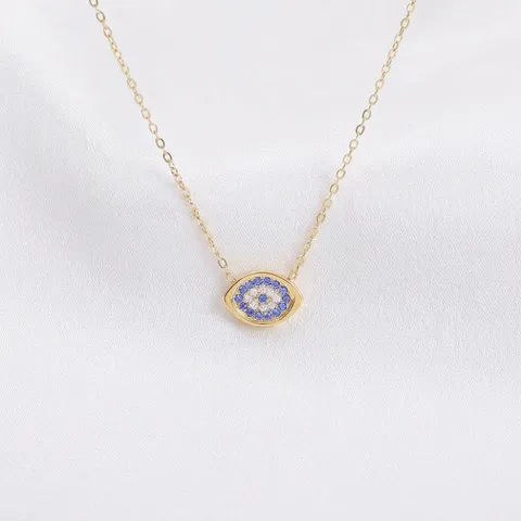 Stainless Steel Evil Eye Pendant Necklace For Women Micro Inlaid Zirconia Blue White Geometric Clavicle Chain Jewelry Gift