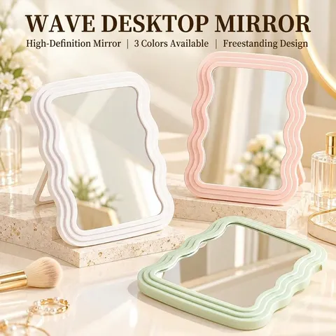 Espejo de Maquillaje de Escritorio con Borde de Onda y Soporte Plegable Espejo Portátil de una Sola Cara para Dormitorio Dormitorio