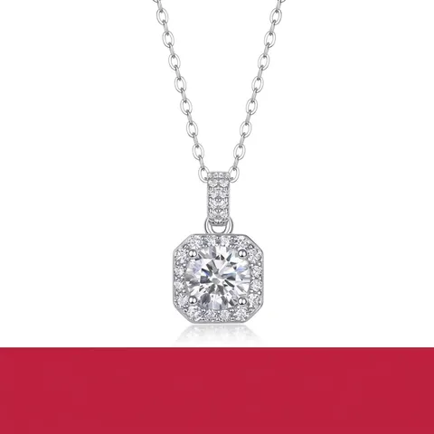 925 Sterling Silver Pendant Necklace Lab Grown Diamond Moissanite Square Halo Geometric Jewelry For Women Wedding Party