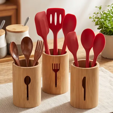 Porte-Baguettes Naturel en Bambou pour Plan de Travail de Cuisine Bac de Rangement avec Trous de Drainage et Motif Ajouré