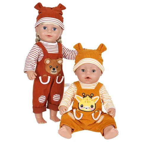 Joli Ensemble de Vêtements de Poupée Animaux de Dessin Animé Salopette en Velours Côtelé Chapeau Chemise Rayée Tenue Trois Pièces pour Poupées de Dix-Huit Pouces