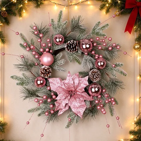 Artificial Pink Christmas Wreath With Rattan Base Ornaments Pinecones Berries Poinsettia Holiday Party Hanging Decor