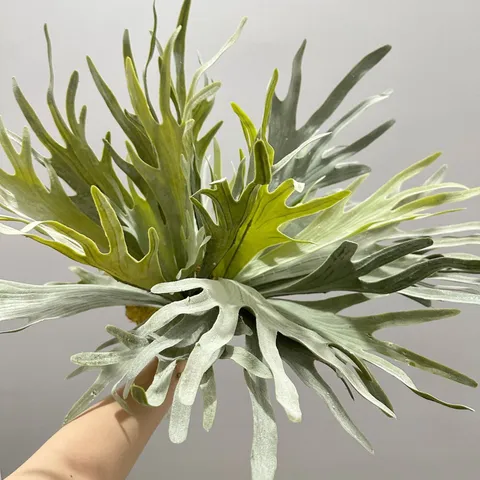 Artificial Staghorn Fern Leaves Flocked Greenery Plant Fake Succulent Air Grass For Home Floral Arrangement Decoration