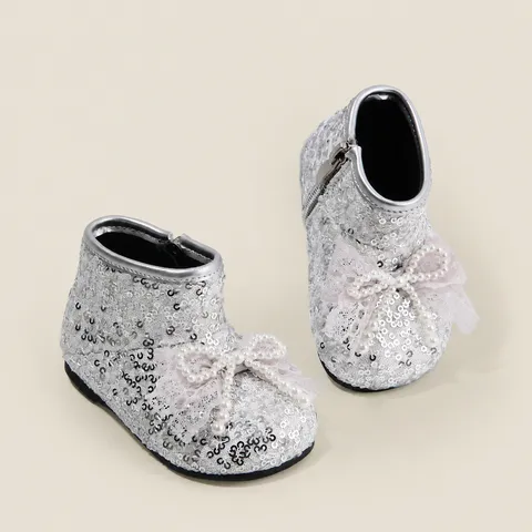 Baby Girl Sequin Boots Bowknot Pearl Toddler First Walker Shoes Soft Sole Anti-Slip Princess Autumn Infant Booties