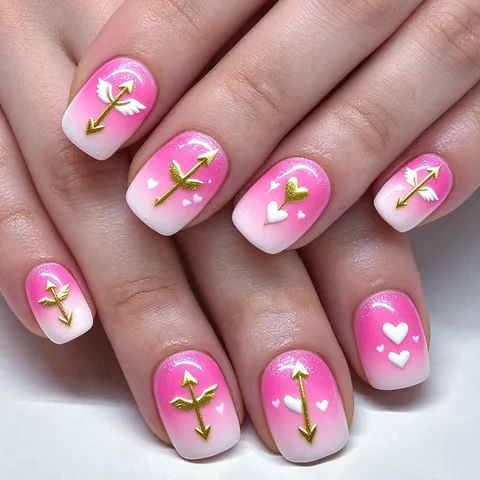 Pink White Gradient Press On Nails With Golden Cupid Arrow Heart Romantic Short Square False Nails For Women