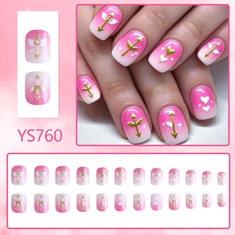 Pink White Gradient Press On Nails With Golden Cupid Arrow Heart Romantic Short Square False Nails For Women
