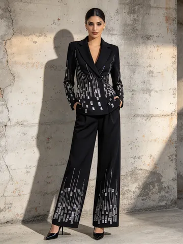 French Elegant Sequin Lapel Blazer Top And Bottom High Waist Straight Pants Polyester Formal Spring Office Women Fashion Outfit