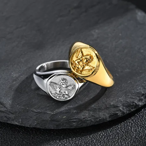 Vintage Stainless Steel Cupid Angel Relief Signet Ring For Women Retro Gold Plated Simple Fashion Jewelry Party Finger Ring