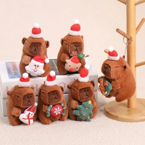 Peluche Capybara de Noël Mignon Animal en Peluche Porte-clés Polyester Doux Sac à Dos Ornement Suspendu Cadeau de Vacances