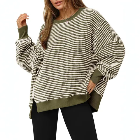 Γυναικείο Casual Crew Neck Striped Waffle Knit Long Sleeve Loose Pullover Sweatshirt Fthinoporo Himonas Vasiko Thermiko Top