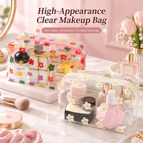 Women Clear Floral Waterproof PVC Makeup Bag Portable Large Capacity Ins Flower Toiletry Travel Organizer Wash Bag