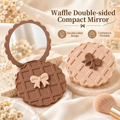 Double-Sided Folding Makeup Mirror Waffle Cookie Shape Portable Handheld Pocket Mirror For Women Girl Creative Simulation Biscuit Round Compact Mirror Travel Beauty Tool