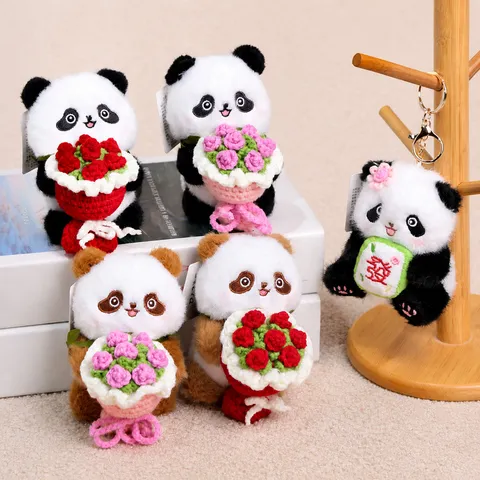 Cute Plush Panda Keychain Stuffed Animal Toy Bag Pendant Flower Holding Panda Doll Fashion Accessory Gift