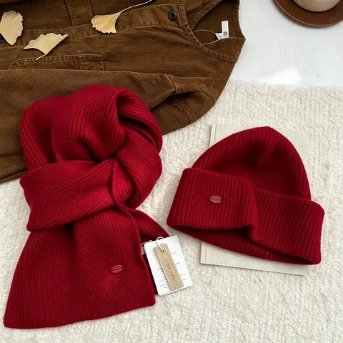 Donna Tinta Unita Lana Maglia Cappello e Sciarpa Set Inverno Caldo Retro Ispessito Berretto Sciarpa Collo Set Due Pezzi