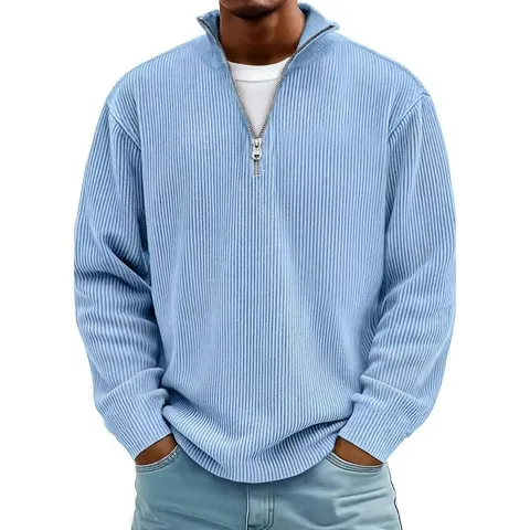Men Quarter Zip Mock Neck Corduroy Pullover Sweatshirt Long Sleeve Casual Solid Color Ribbed Texture Top Fall Winter Fashion