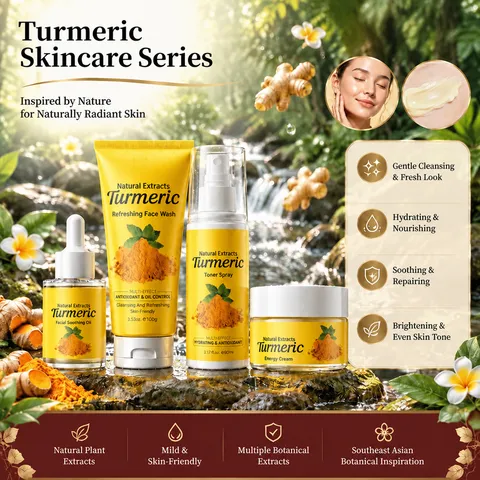 Coffret de Soins du Visage au Curcuma Naturel Gingembre Nettoyant Hydratant Éclaircissant Nettoyant Tonique Huile Crème Visage