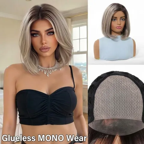 Realistic Ombre Grey Bob Wig For Women Middle Part Short Straight Synthetic High Temperature Fiber Full Head Wig For Daily Party