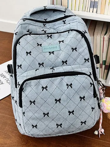 Women Corduroy Backpack Bowknot Diamond Quilted Schoolbag For Students Casual College Style Travel Daypack With Pendant