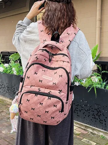 Women Corduroy Backpack Bowknot Diamond Quilted Schoolbag For Students Casual College Style Travel Daypack With Pendant