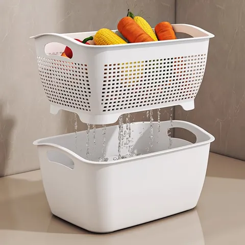 Double Layer Kitchen Drain Basket Thickened Plastic Vegetable Fruit Washing Bowl Large Capacity Household Storage Basket White Rectangle