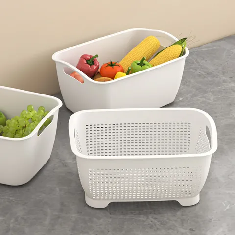 Double Layer Kitchen Drain Basket Thickened Plastic Vegetable Fruit Washing Bowl Large Capacity Household Storage Basket White Rectangle