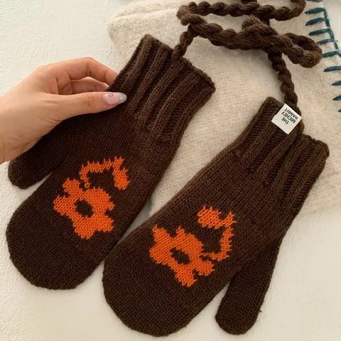 Korean Style Flower Jacquard Knit Wool Gloves Women Warm Winter Mittens With Neck String Commuter Fashion Hand Wear