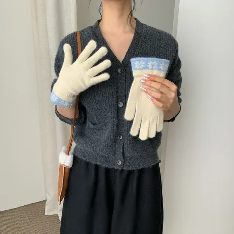 Korean Style Snowflake Jacquard Knit Contrast Color Gloves Women Autumn Winter Warm Touchscreen Full Finger Wool Mittens