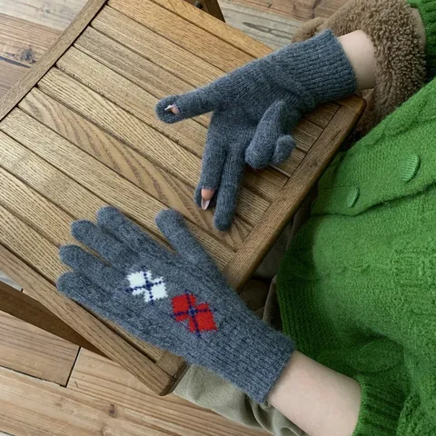 Korean Style Heart Jacquard Wool Blend Knit Gloves For Women Winter Warm Fingerless Mittens Cycling Driving Soft Knit Gloves