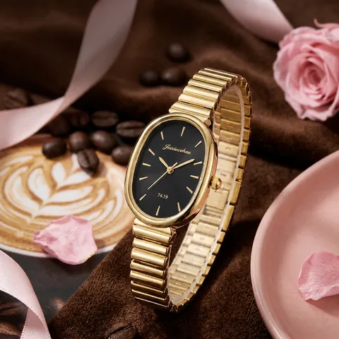 Mode Dames Quartz Armband Horloge Niche Ovale Wijzerplaat Minimalistisch Elegant Metalen Ketting Polshorloge Goud Groen Rood Luipaard Sieraden
