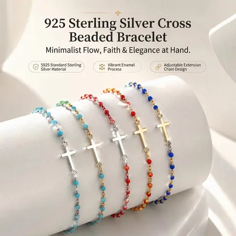 Bracelet Croix en Argent Sterling 925 pour Femme Minimaliste Perles Colorées Émail Plaqué Or Argent Bijoux Religieux Cadeau