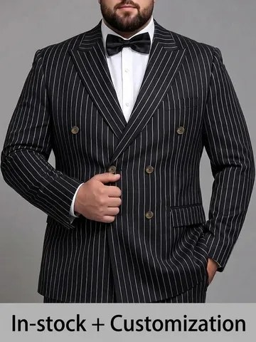 Men's Plus Size Pinstripe Suit Set Double Breasted Blazer and Pants Business Wedding Banquet Formal Suit For Men