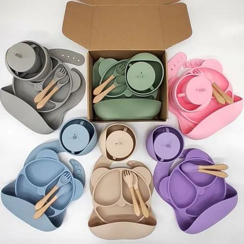 Set de Vajilla de Alimentación de Silicona para Bebé Plato Ventosa Cuenco Cuchara Tenedor Vaso