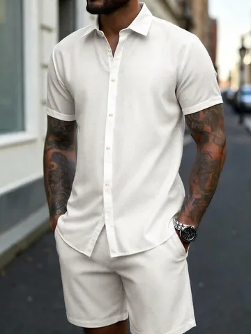 Men Casual Two Piece Outfit Lyocell Blend Short Sleeve Polo Shirt And Shorts Summer Beach Vacation Set