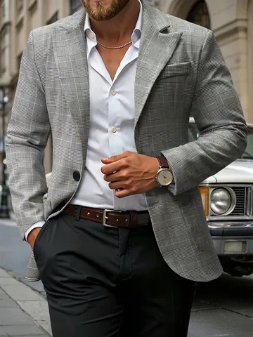 Men's Plaid Suit Jacket Peak Lapel Single Breasted Two Button Business Casual Blazer With Large Pockets Formal Top